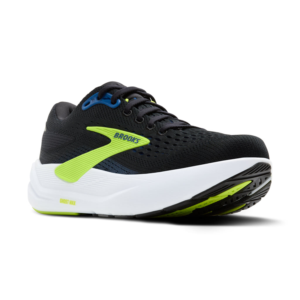 Men's Brooks Ghost Max 3. Navy upper. White midsole. Lateral view.