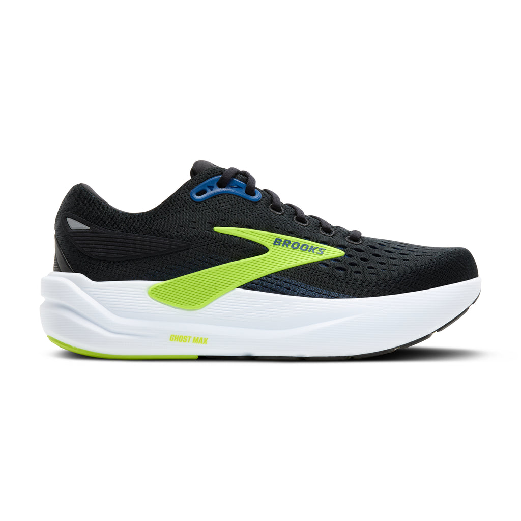 Men's Brooks Ghost Max 3. Navy upper. White midsole. Lateral view.