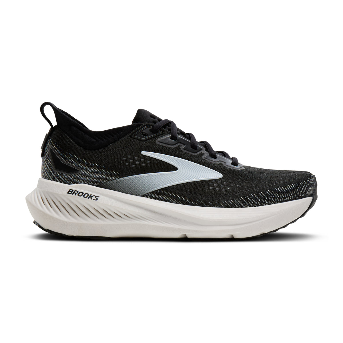 Men's Brooks Glycerin 23. Black upper. White midsole. Lateral view.