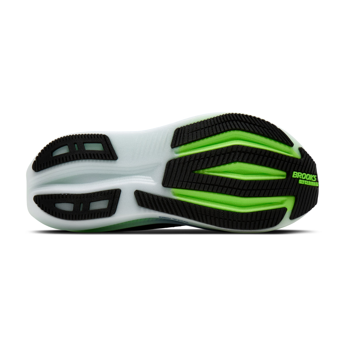 Men's Brooks Glycerin Max 2. Black upper. White midsole. Bottom view.