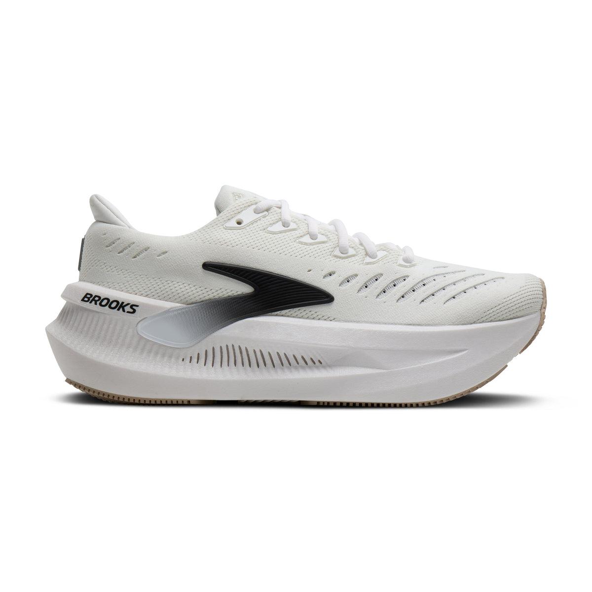 Men's Brooks Glycerin Max 2. White upper. White midsole. Lateral view.