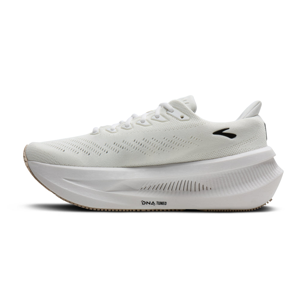 Men's Brooks Glycerin Max 2. White upper. White midsole. Medial view.