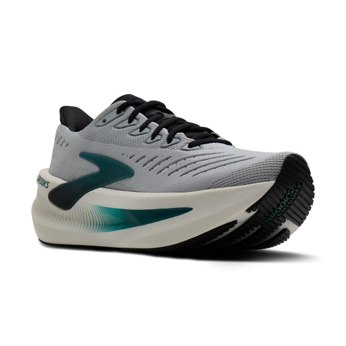 Men's Brooks Glycerin Max. Grey/Blue upper. White midsole. Lateral view.