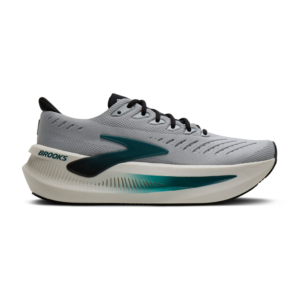 Men's Brooks Glycerin Max. Grey/Blue upper. White midsole. Lateral view.