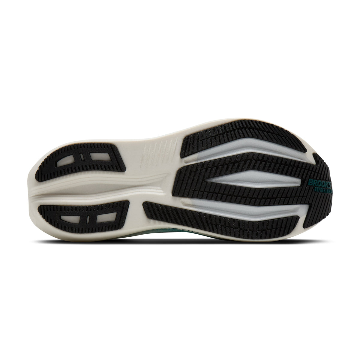 Men's Brooks Glycerin Max. Grey/Blue upper. White midsole. Bottom view.