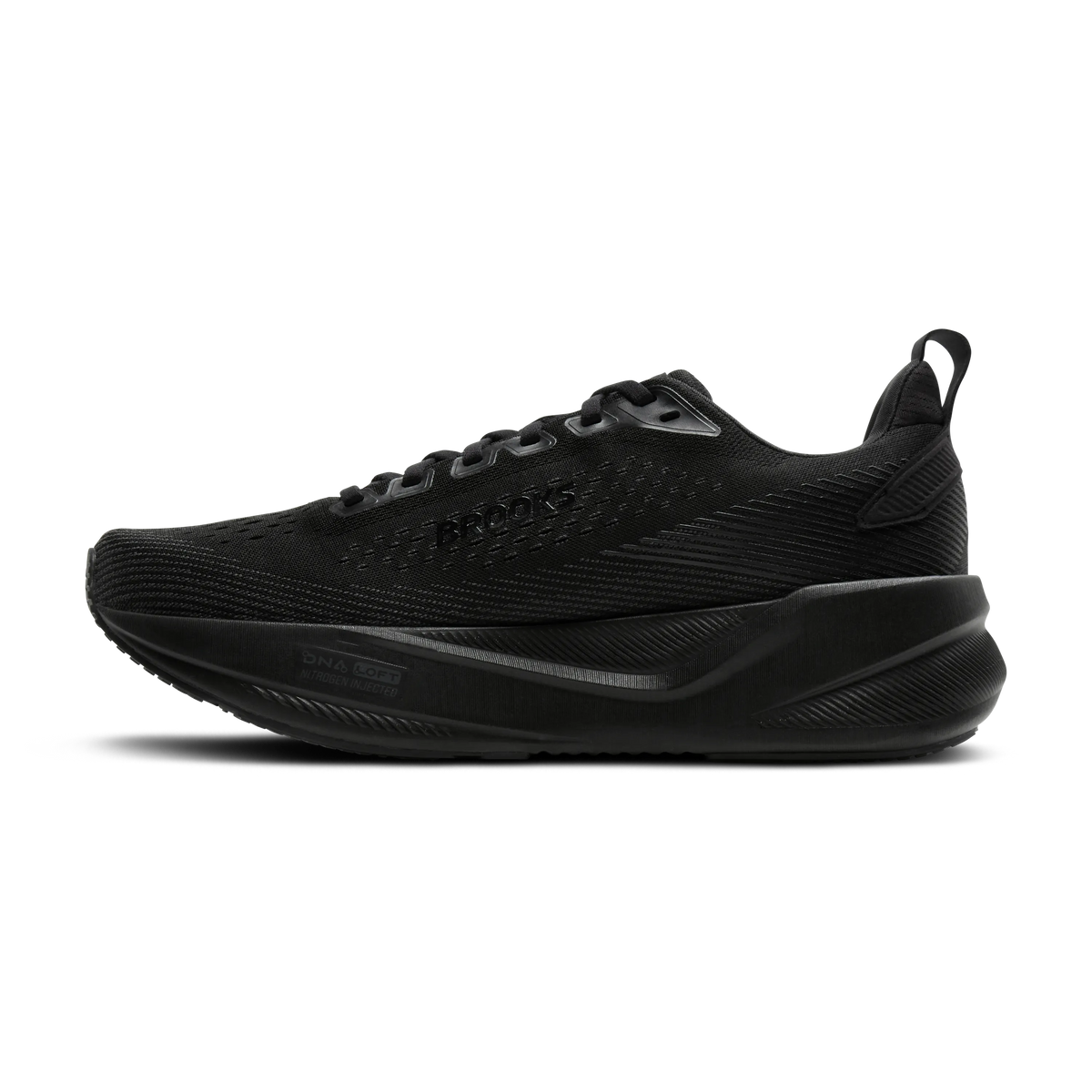Men's Brooks Ghost Max 4. Black upper. Black midsole. Medial view.