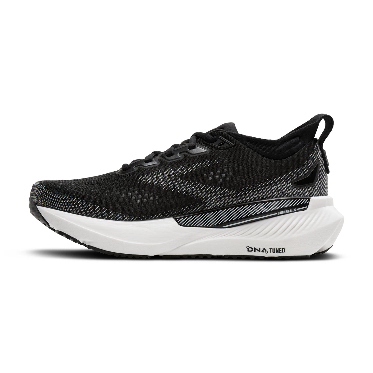 Men's Brooks Glycerin GTS 23. Black upper. White midsole. Medial view.