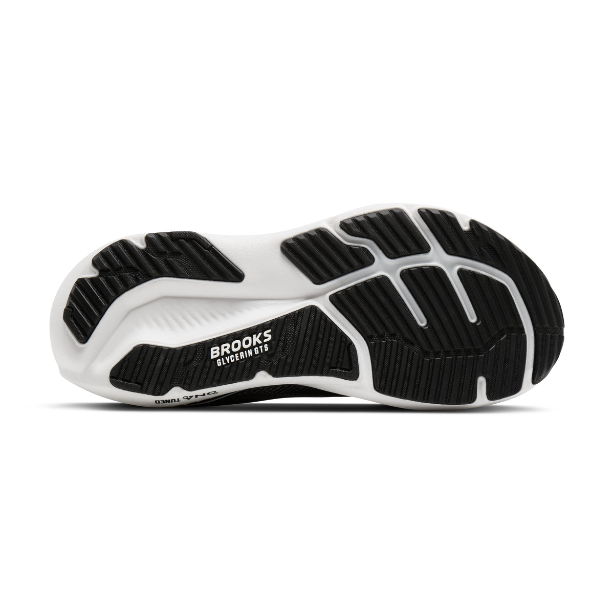 Men's Brooks Glycerin GTS 23. Black upper. White midsole. Bottom view.