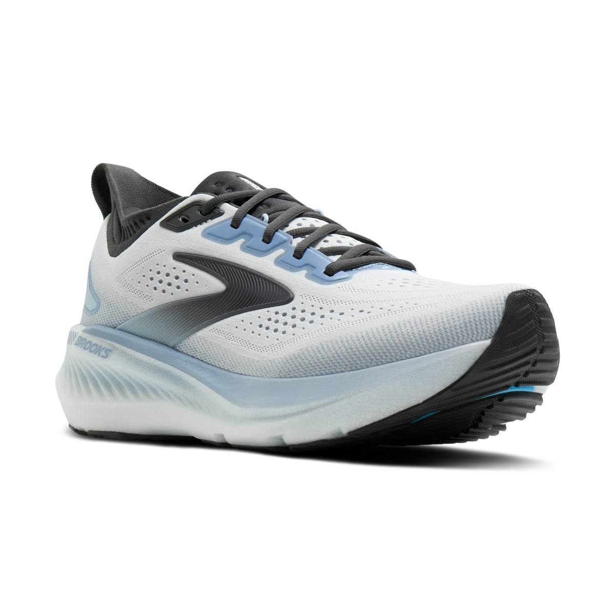Brooks Glycerin GTS 23 men's stability running shoe in White/Rain/Baltic Sea, lateral view (image 1).