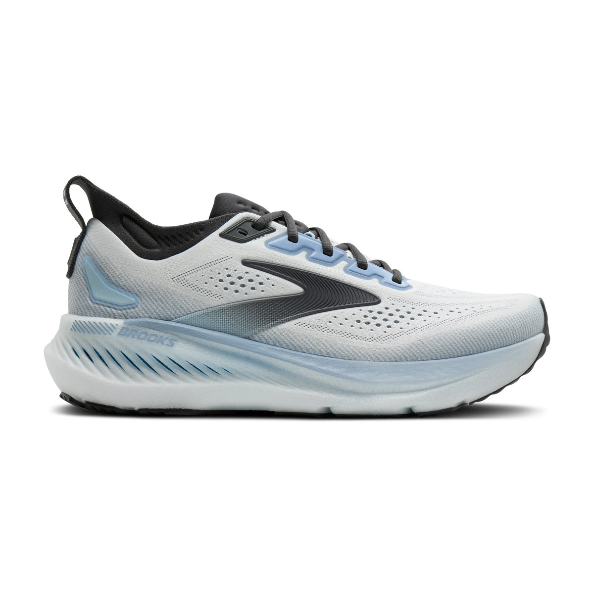 Brooks Glycerin GTS 23 men's stability running shoe in White/Rain/Baltic Sea, lateral view (image 2).