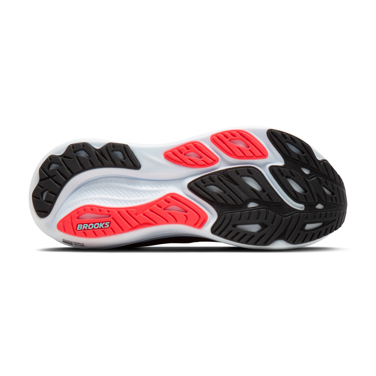 Men's Brooks Adrenaline GTS 26. Black upper. White midsole. Bottom view.