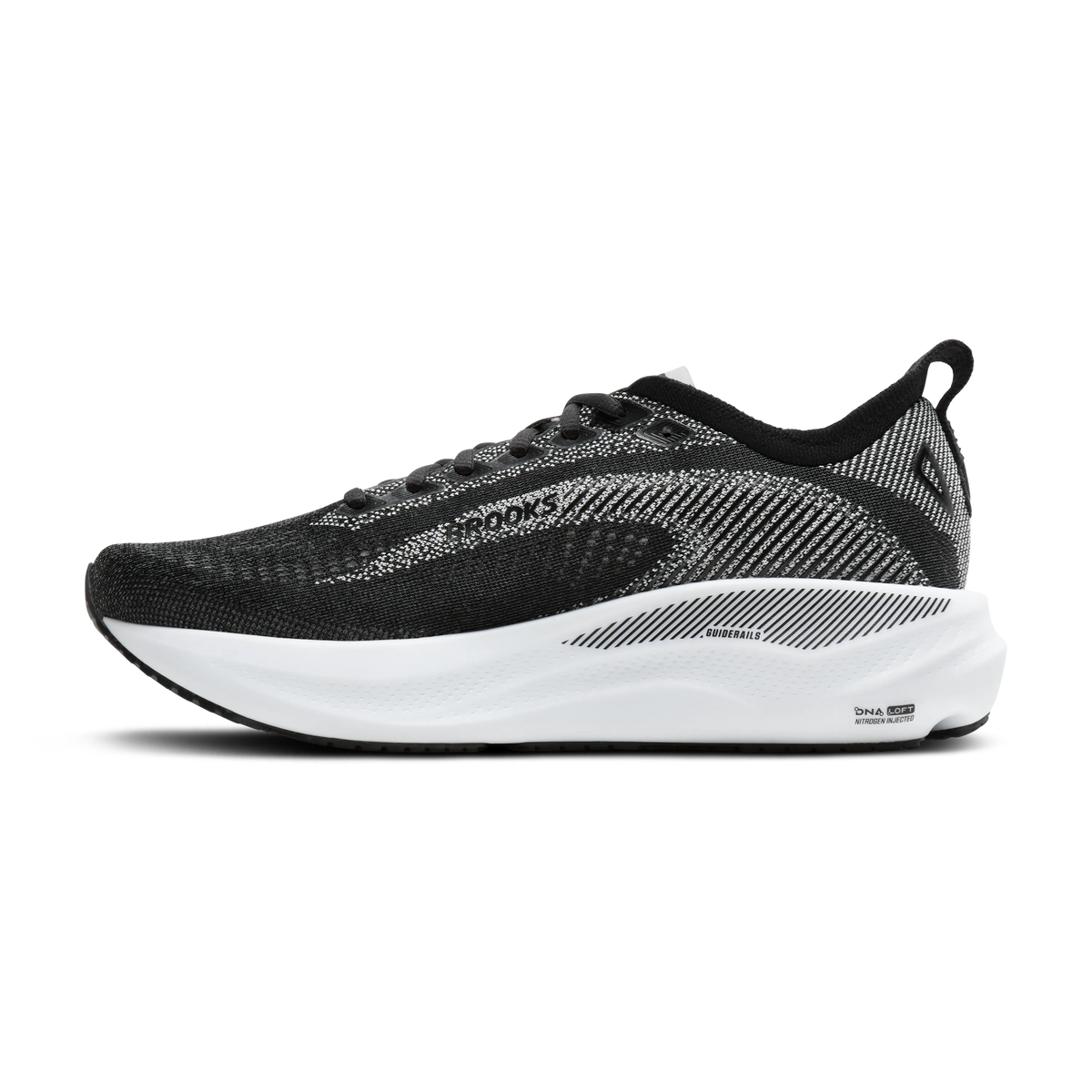 Men's Brooks Adrenaline GTS 26. Black upper. White midsole. Medial view.