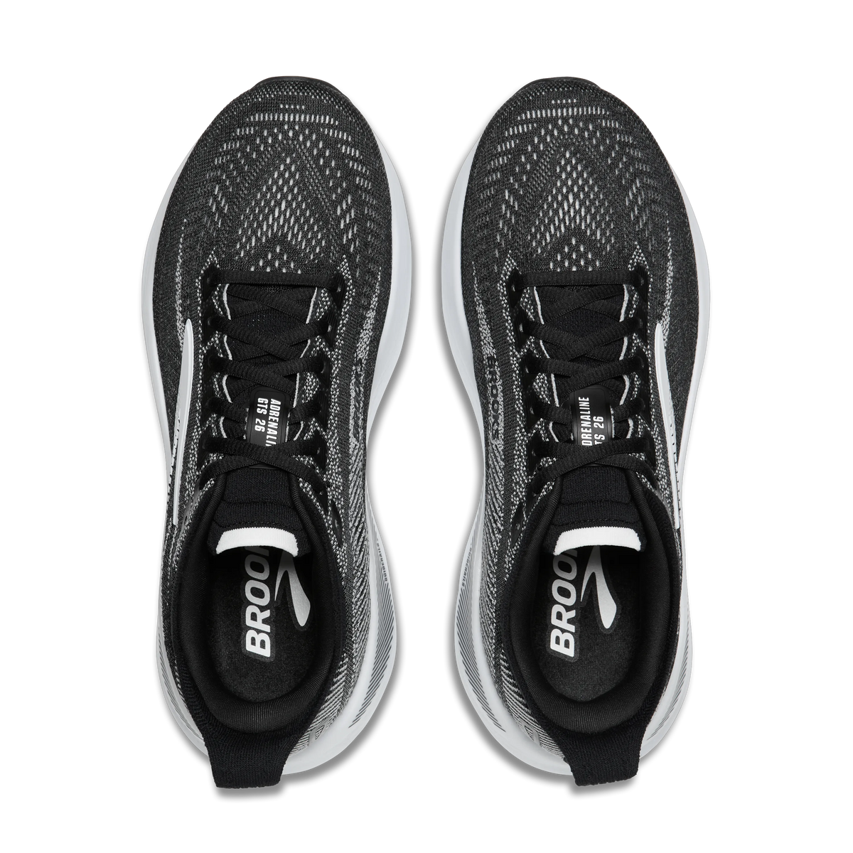 Men's Brooks Adrenaline GTS 26. Black upper. White midsole. Top view.