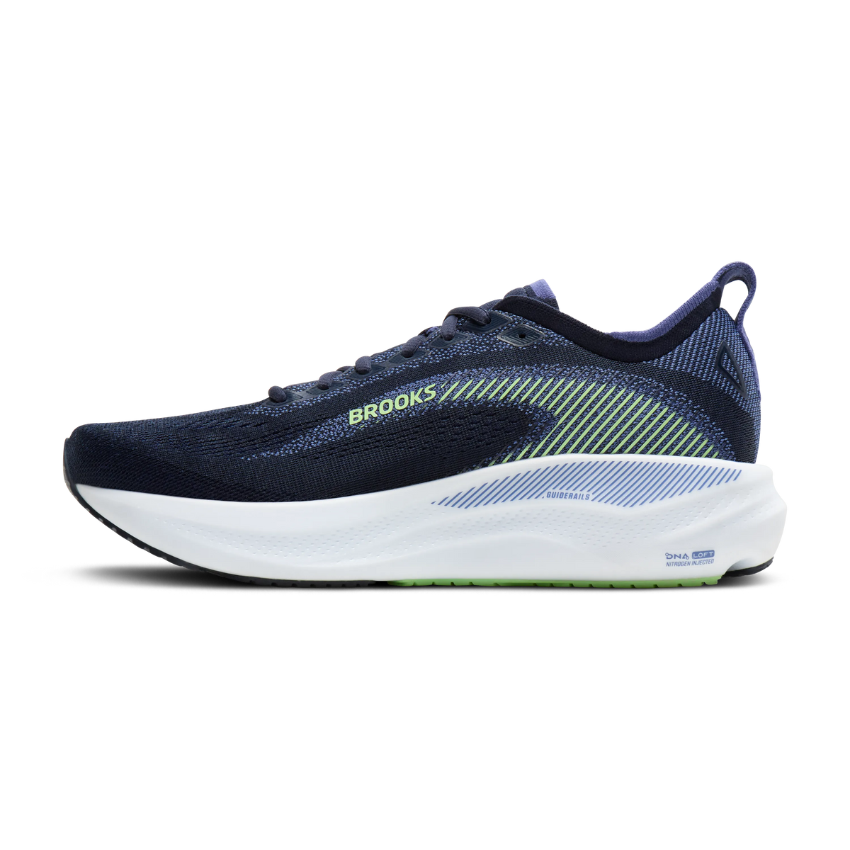 Men's Brooks Adrenaline GTS 26. Navy upper. White midsole. Medial view.