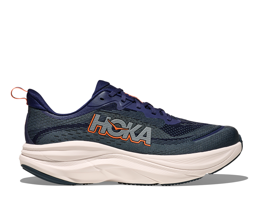 Men's Hoka Skyflow. Dark Navy upper. White midsole. Lateral view.