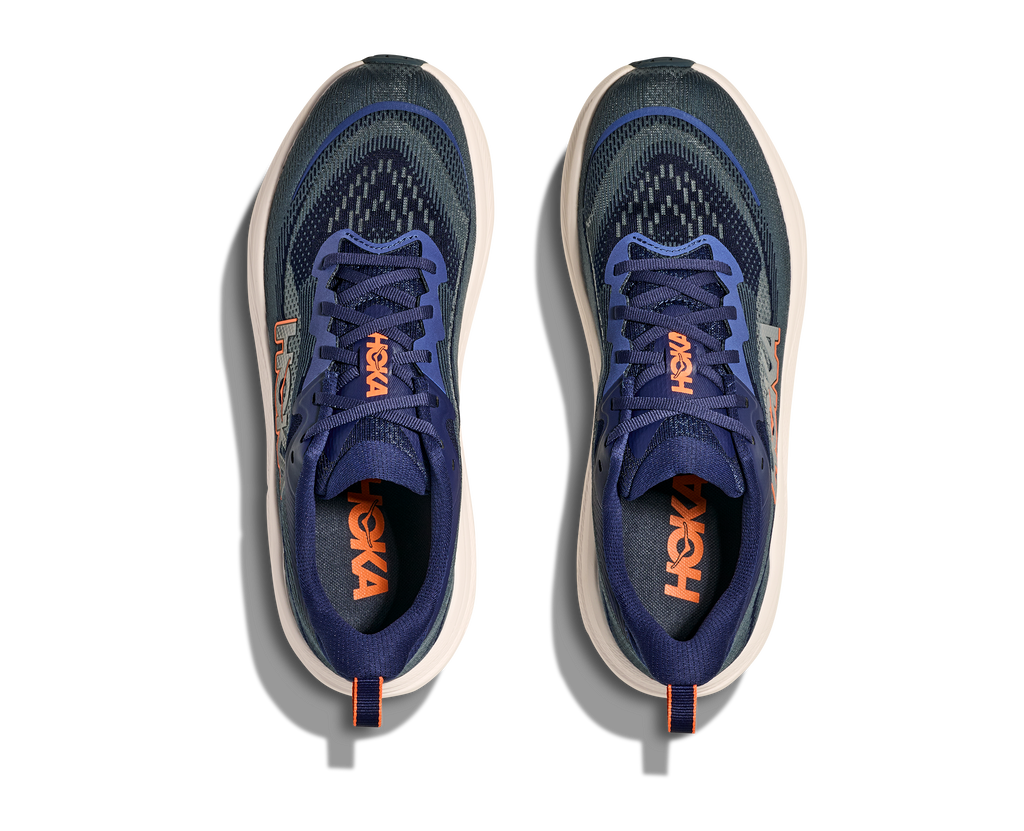 Men's Hoka Skyflow. Dark Navy upper. White midsole. Top view.
