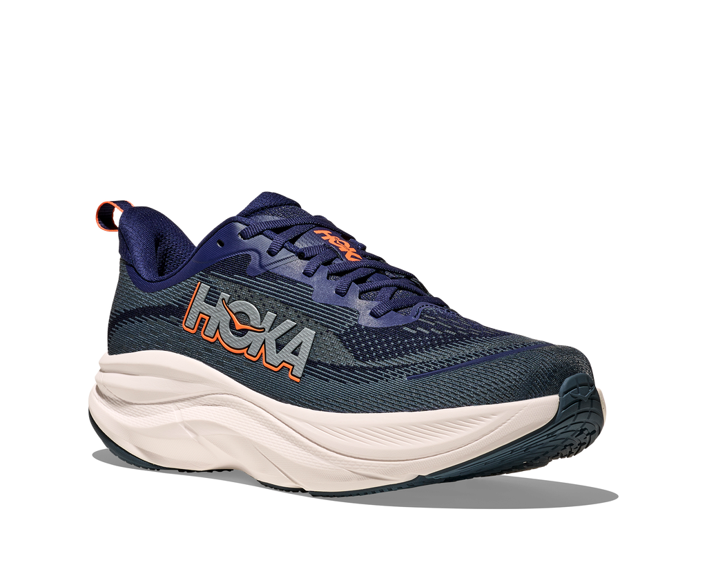 Men's Hoka Skyflow. Dark Navy upper. White midsole. Lateral view.