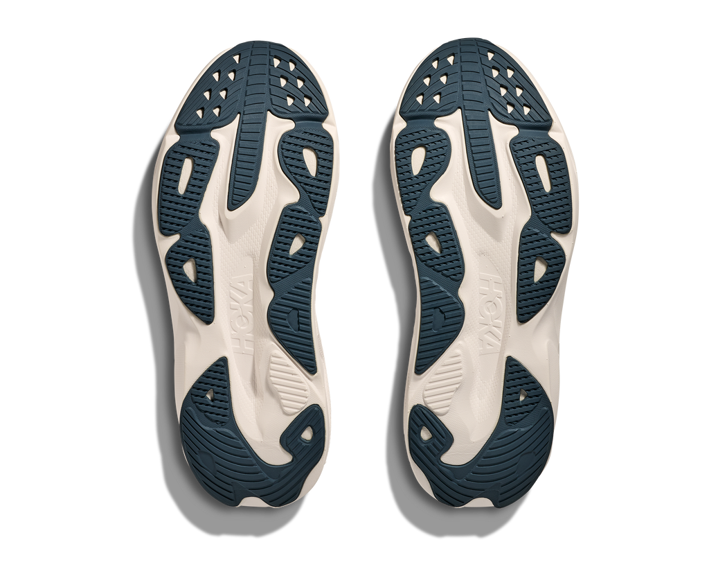 Men's Hoka Skyflow. Dark Navy upper. White midsole. Bottom view.