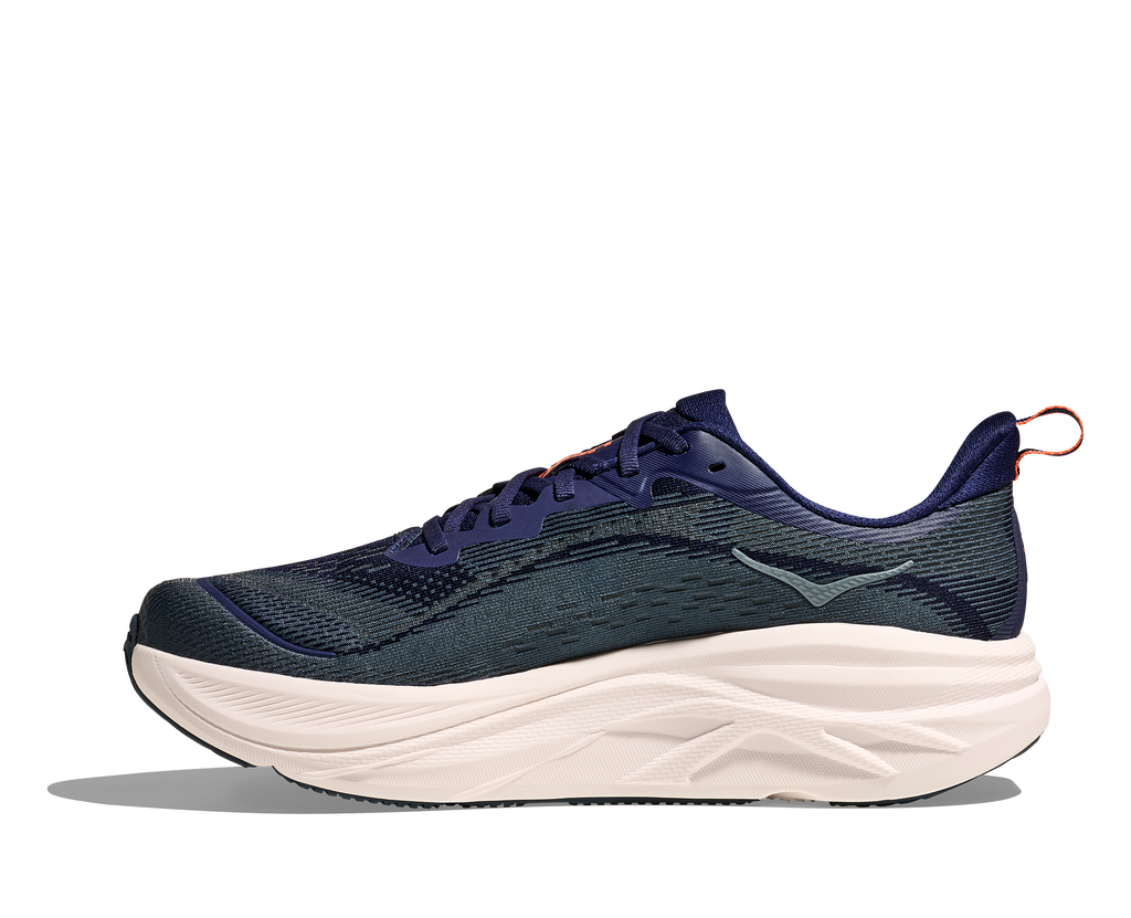 Men's Hoka Skyflow. Dark Navy upper. White midsole. Medial view.