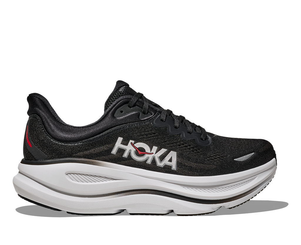 Men's Hoka Bondi 9. Black upper. White midsole. Lateral view.