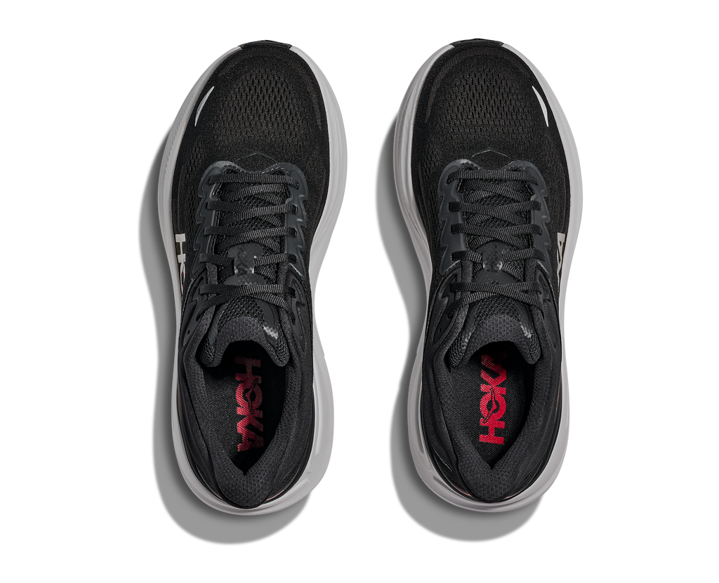 Men's Hoka Bondi 9. Black upper. White midsole. Top view.