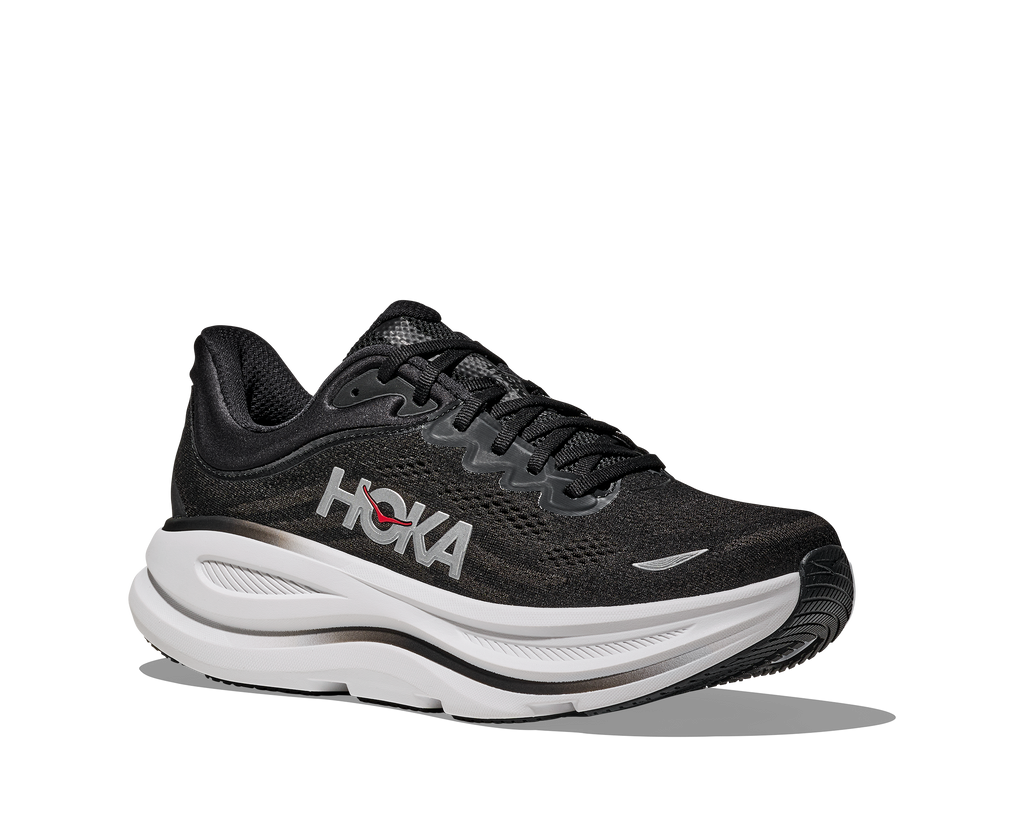 Men's Hoka Bondi 9. Black upper. White midsole. Lateral view.