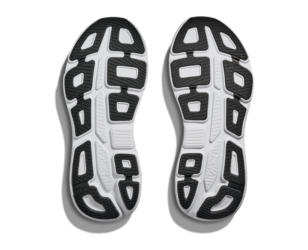 Men's Hoka Bondi 9. Black upper. White midsole. Bottom view.