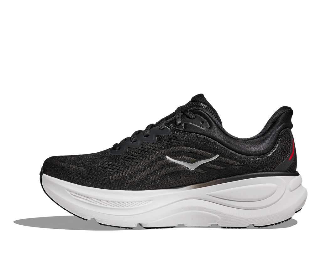 Men's Hoka Bondi 9. Black upper. White midsole. Medial view.