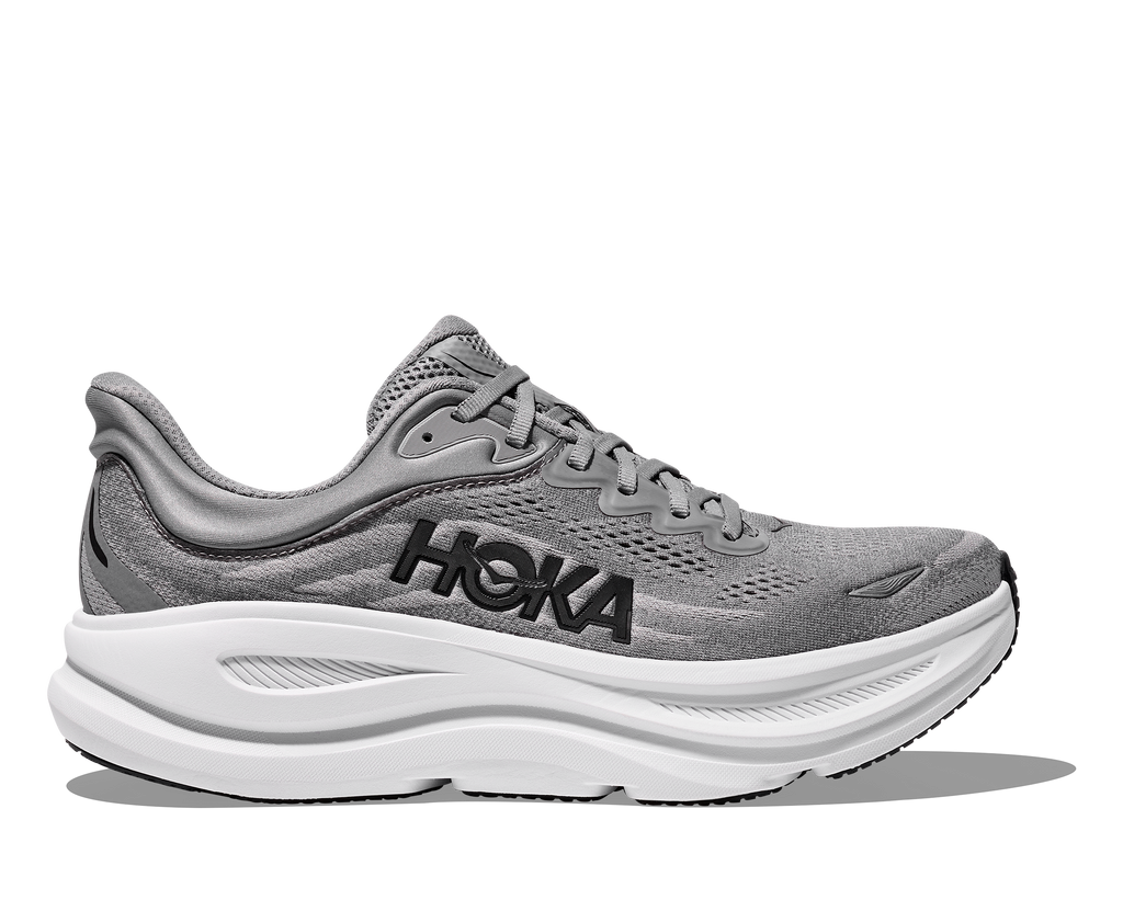 Men's Hoka Bondi 9. Grey upper. White midsole. Lateral view.