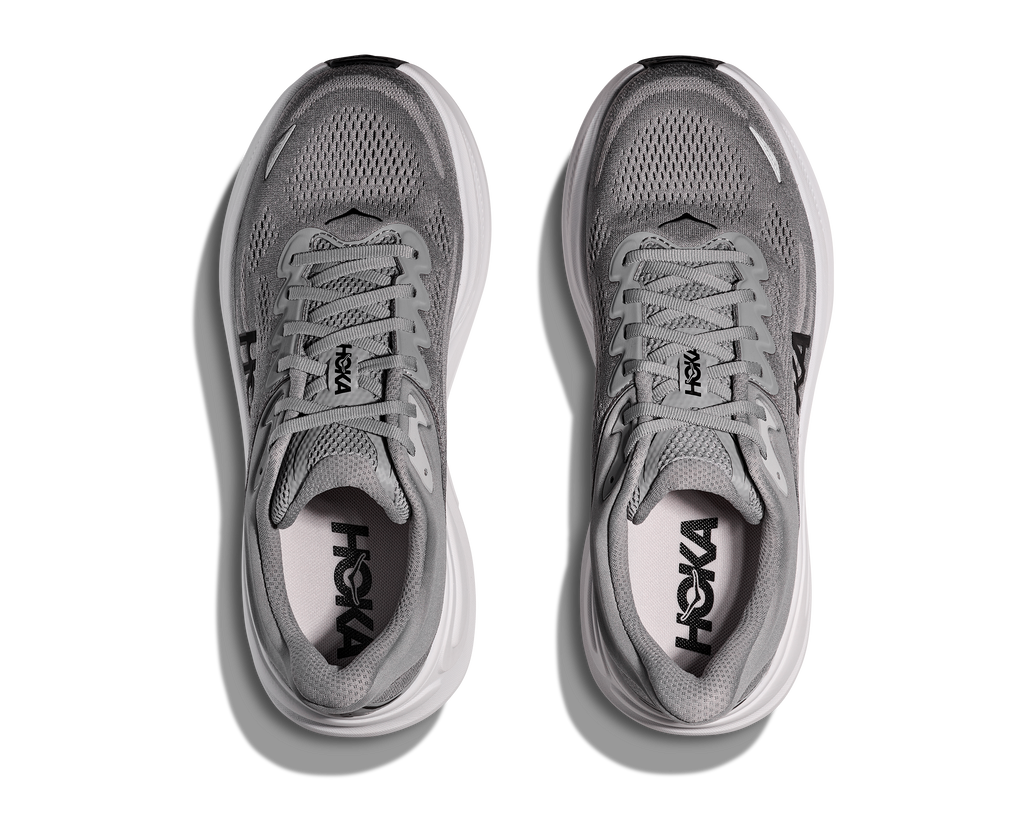 Men's Hoka Bondi 9. Grey upper. White midsole. Top view.