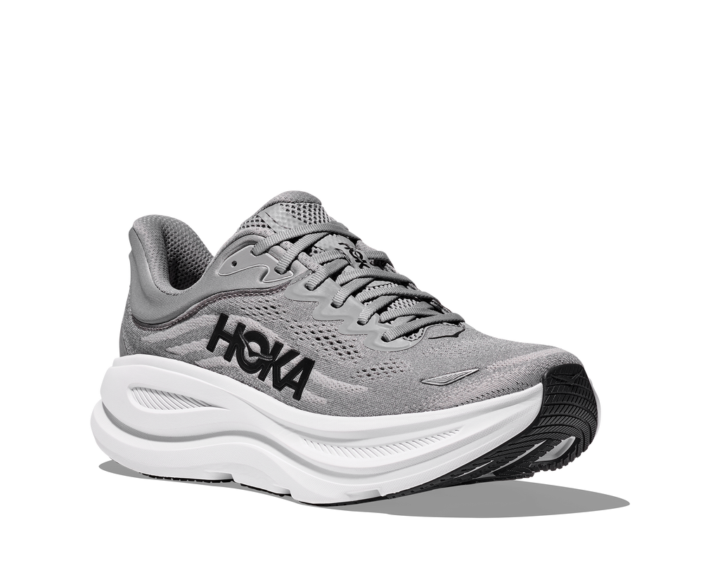 Men's Hoka Bondi 9. Grey upper. White midsole. Lateral view.