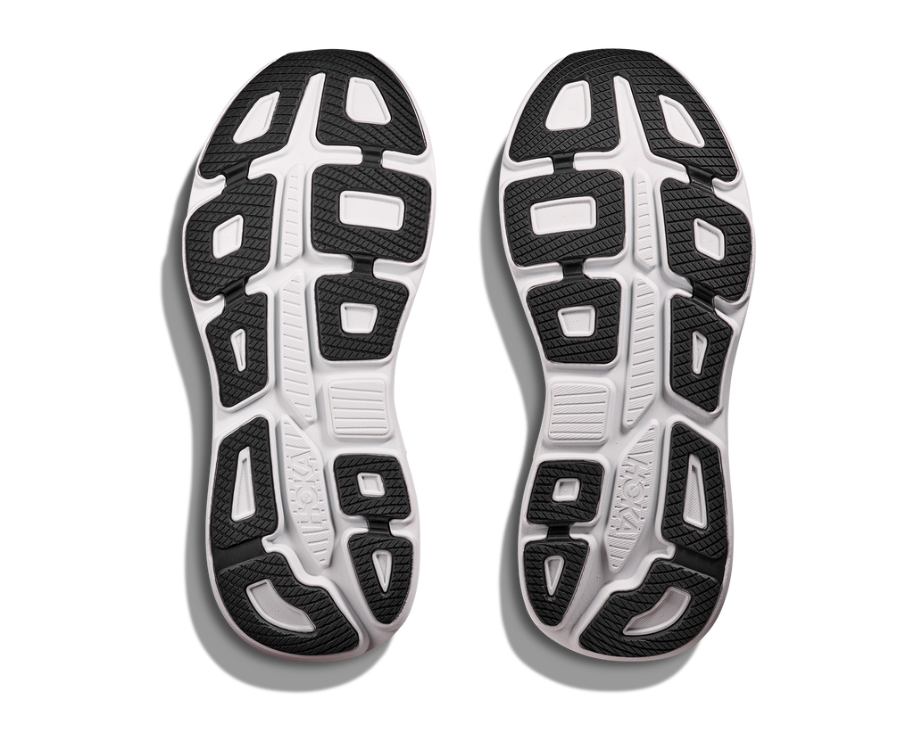 Men's Hoka Bondi 9. Grey upper. White midsole. Bottom view.