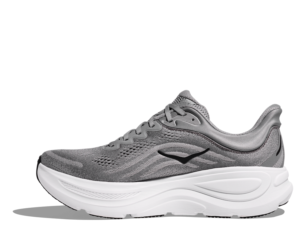 Men's Hoka Bondi 9. Grey upper. White midsole. Medial view.