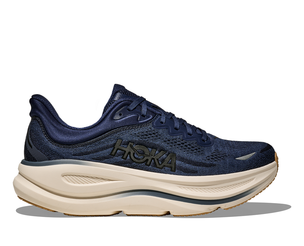 Men's Hoka Bondi 9. Dark Navy upper. White midsole. Lateral view.