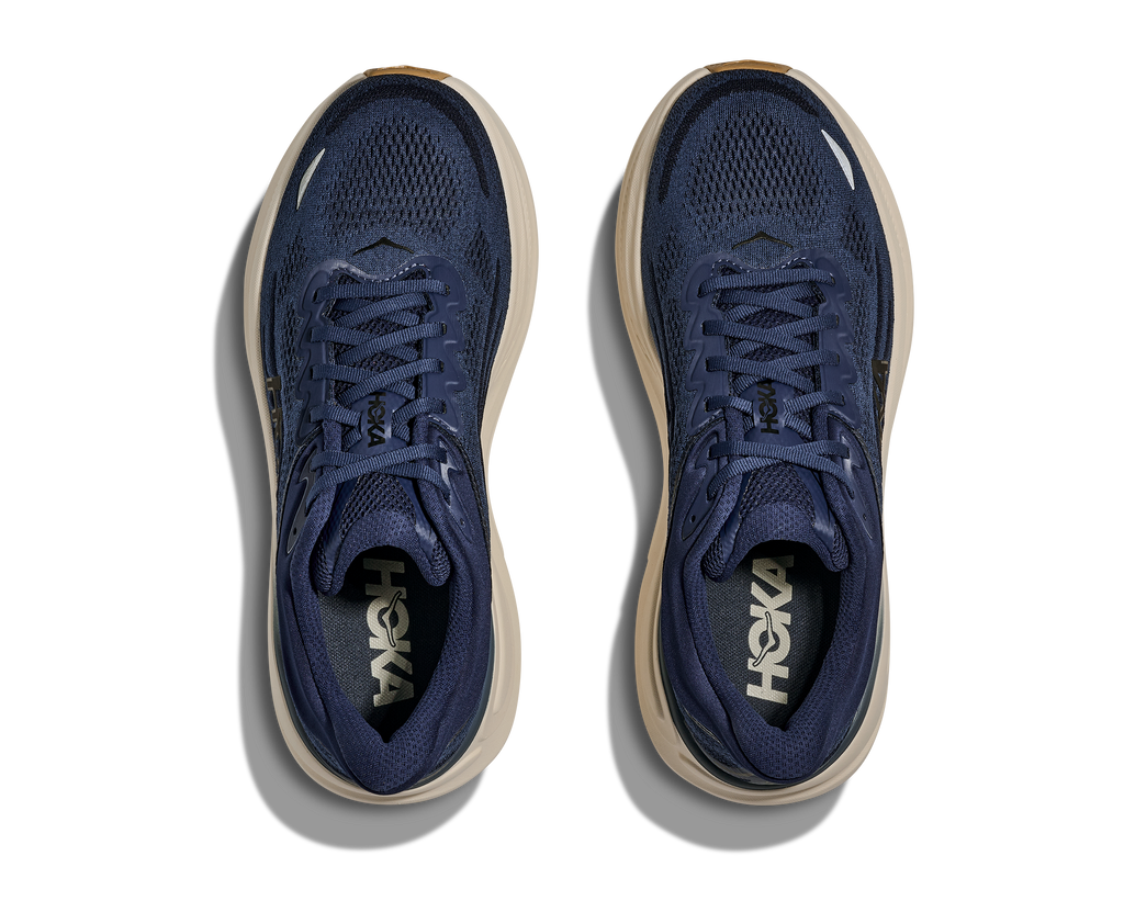 Men's Hoka Bondi 9. Dark Navy upper. White midsole. Top view.