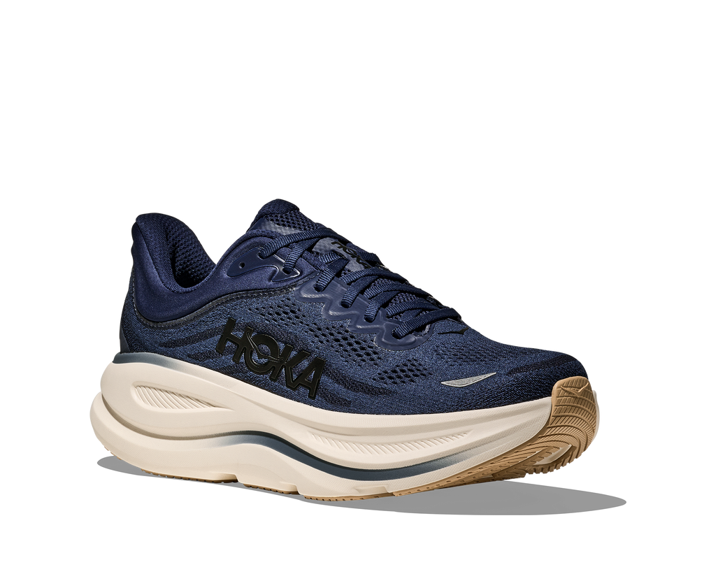 Men's Hoka Bondi 9. Dark Navy upper. White midsole. Lateral view.