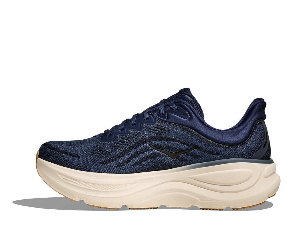 Men's Hoka Bondi 9. Dark Navy upper. White midsole. Medial view.