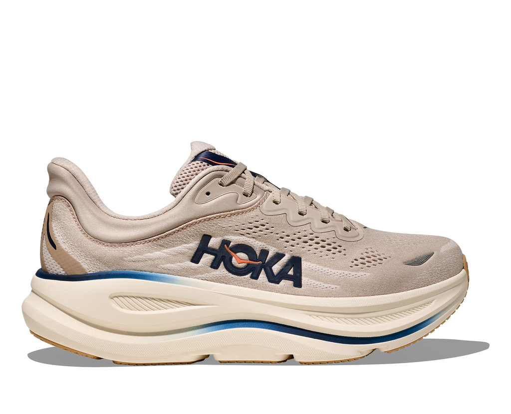 Men's Hoka Bondi 9. Light Grey upper. White midsole. Lateral view.