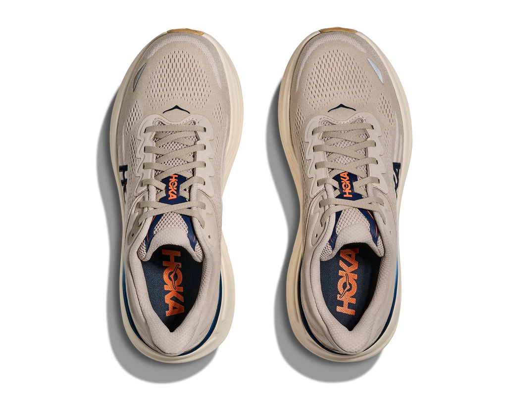 Men's Hoka Bondi 9. Light Grey upper. White midsole. Top view.