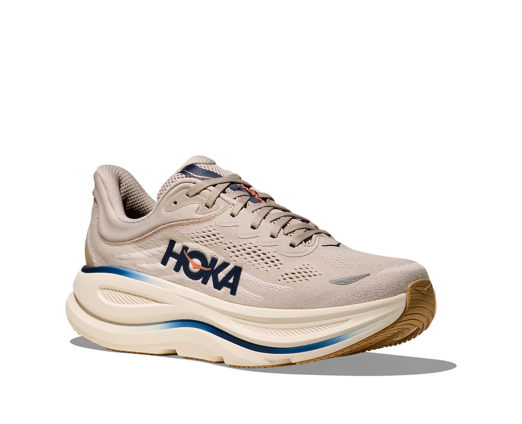 Men's Hoka Bondi 9. Light Grey upper. White midsole. Lateral view.