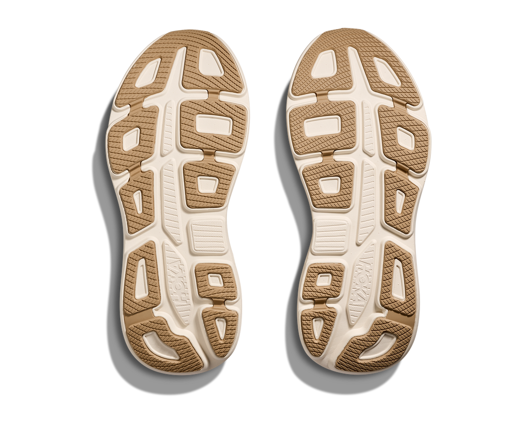 Men's Hoka Bondi 9. Light Grey upper. White midsole. Bottom view.