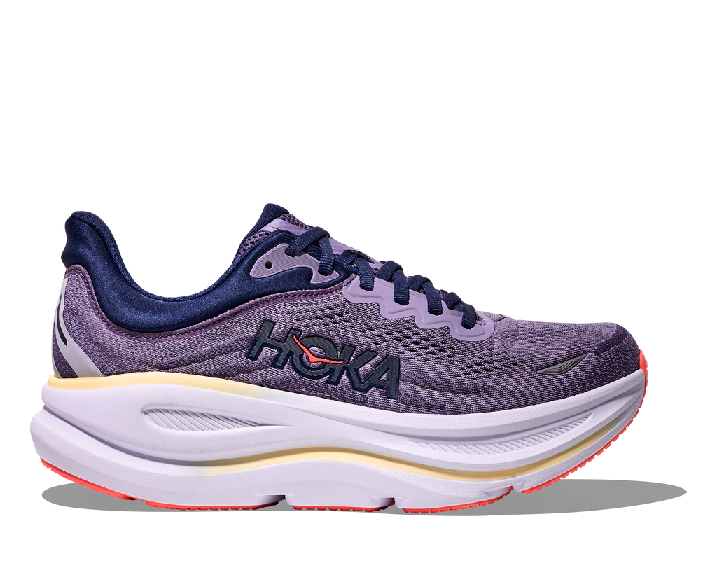 Women's Hoka Bondi 9. Purple upper. Lilac midsole. Lateral view.