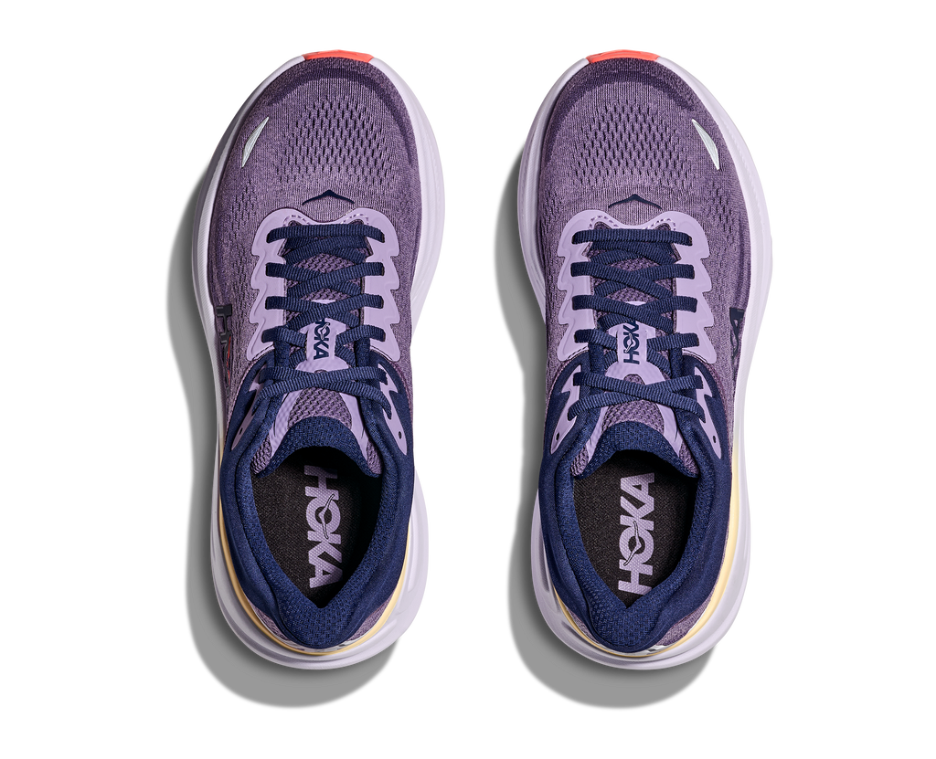 Women's Hoka Bondi 9. Purple upper. Lilac midsole. Top view.