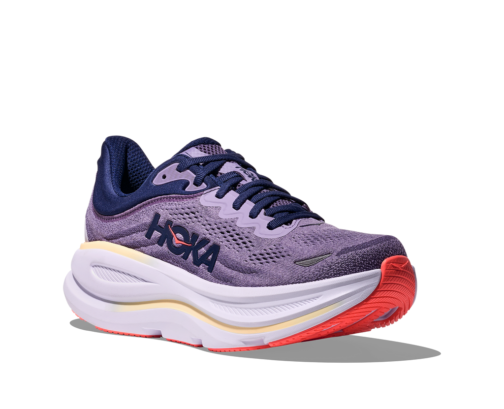 Women's Hoka Bondi 9. Purple upper. Lilac midsole. Lateral view.