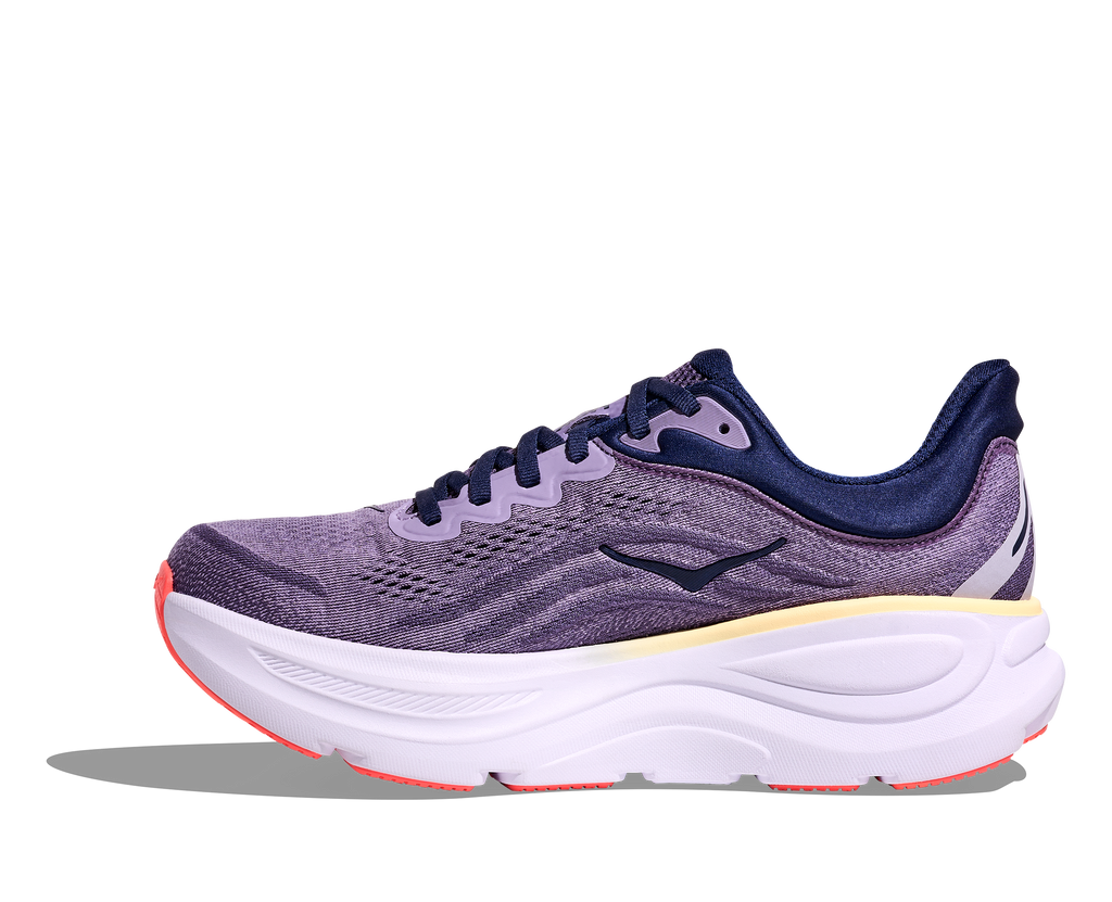Women's Hoka Bondi 9. Purple upper. Lilac midsole. Medial view.