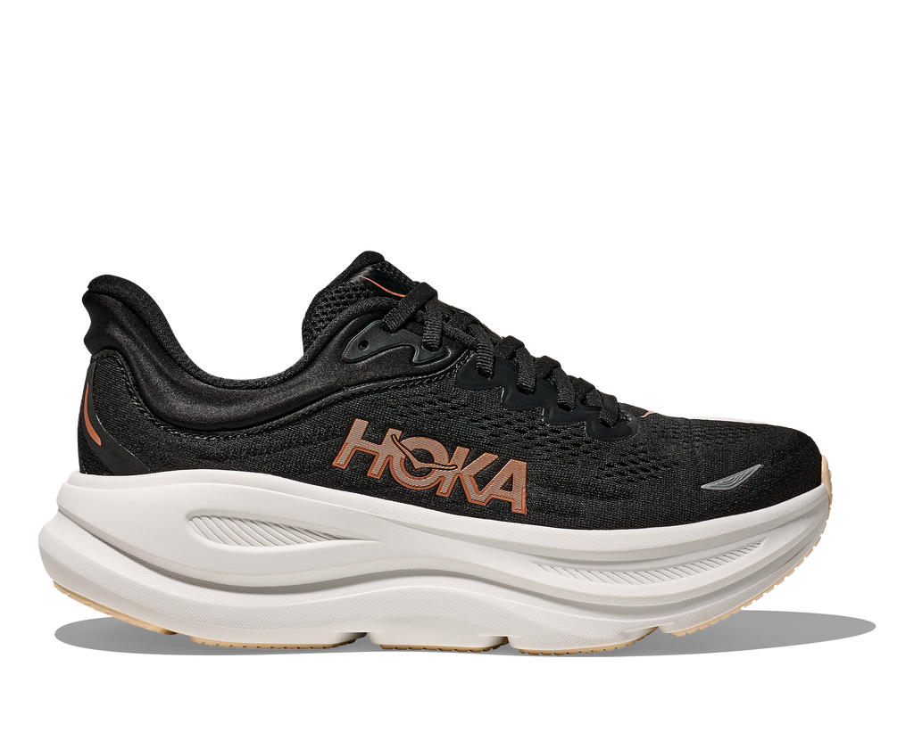 Women's Hoka Bondi 9. Black upper. White midsole. Lateral view. 