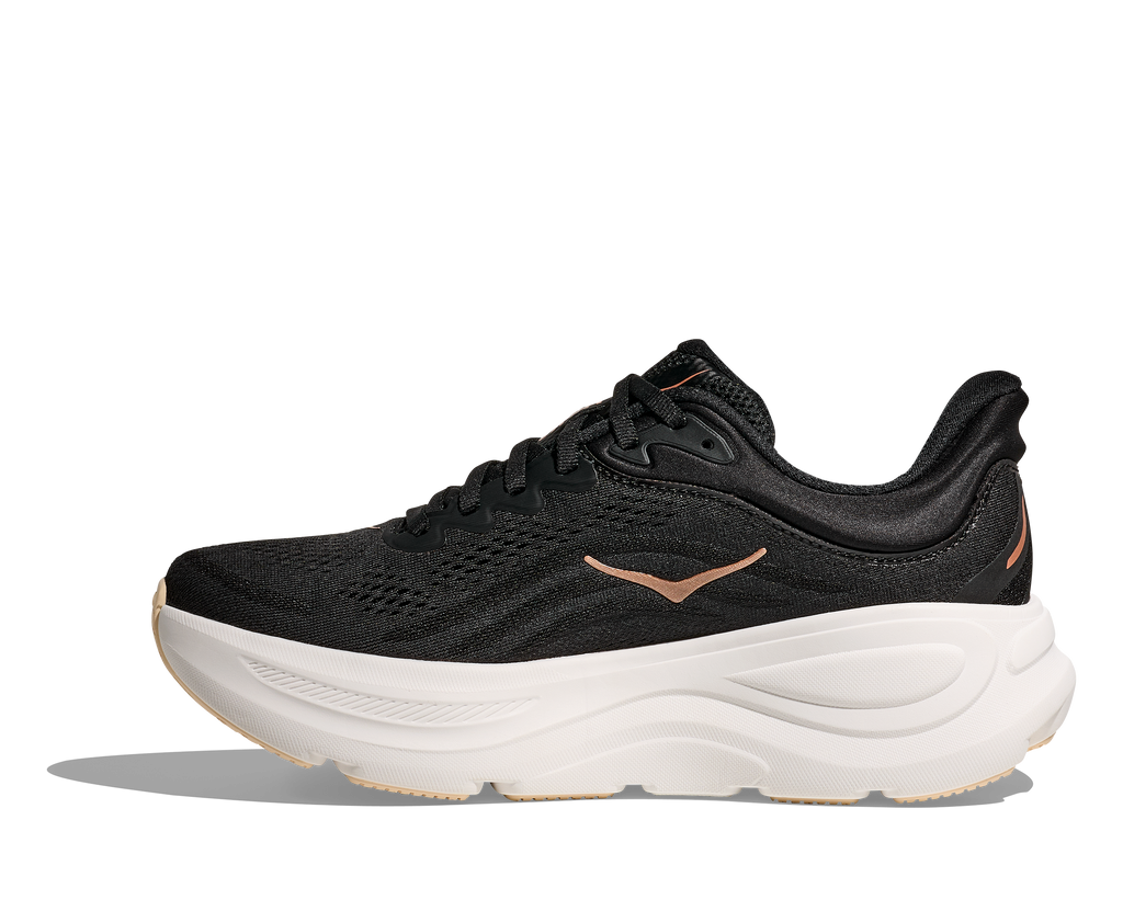 Women's Hoka Bondi 9. Black upper. White midsole. Medial view. 