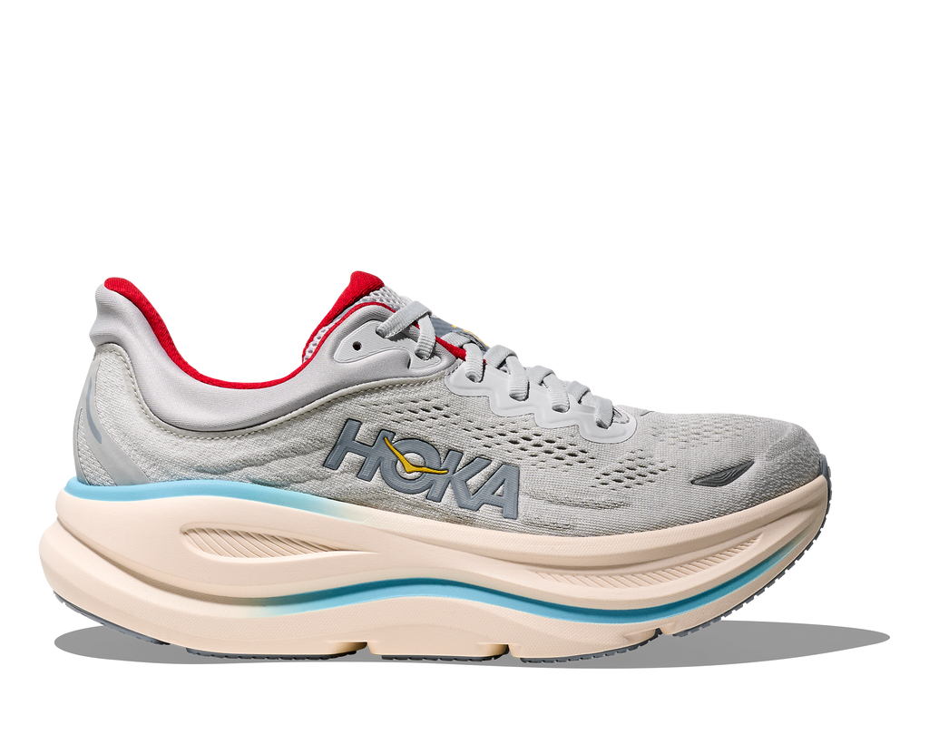 Women's Hoka Bondi 9. Light Grey upper. White midsole. Lateral view.