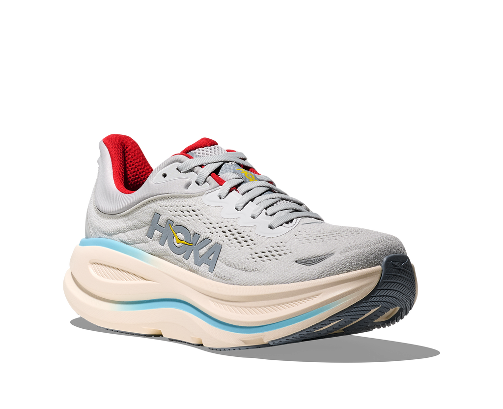 Women's Hoka Bondi 9. Light Grey upper. White midsole. Lateral view.