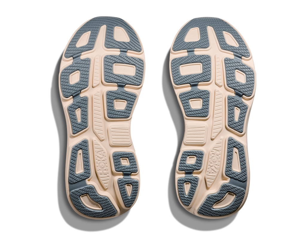Women's Hoka Bondi 9. Light Grey upper. White midsole. Bottom view.
